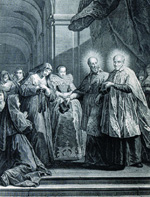 Franz von Sales begegnet dem hl. Vinzenz von Paul (rechts) in Paris. Links von Franz von Sales die lteste Tochter Johanna Franziska von Chantals, Franziska, und sie selbst.